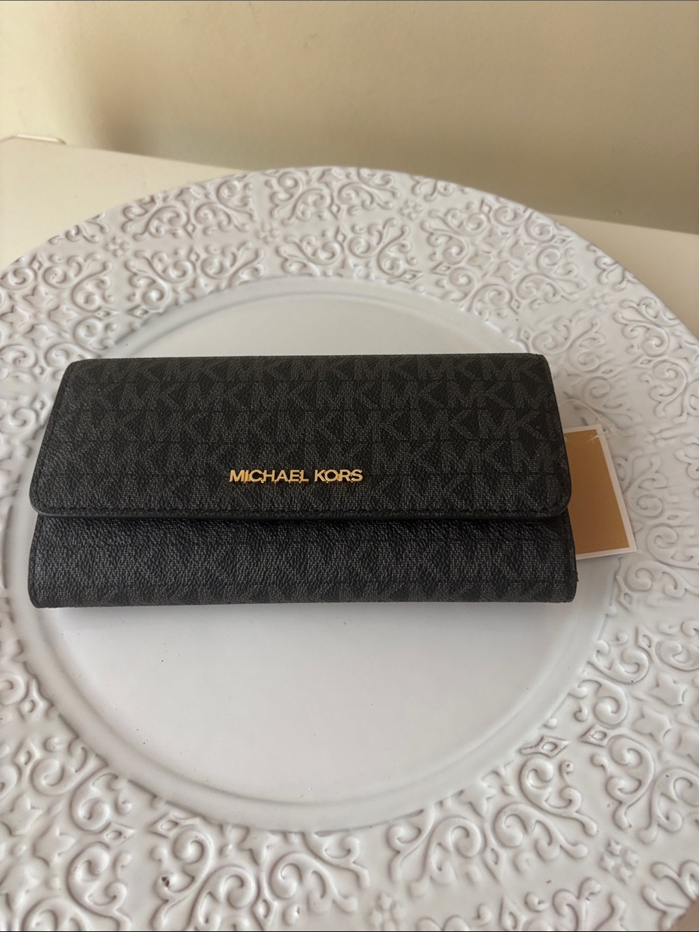 Michael Kors Black MK Logo Foldover Wallet with Gold Hardware NWT